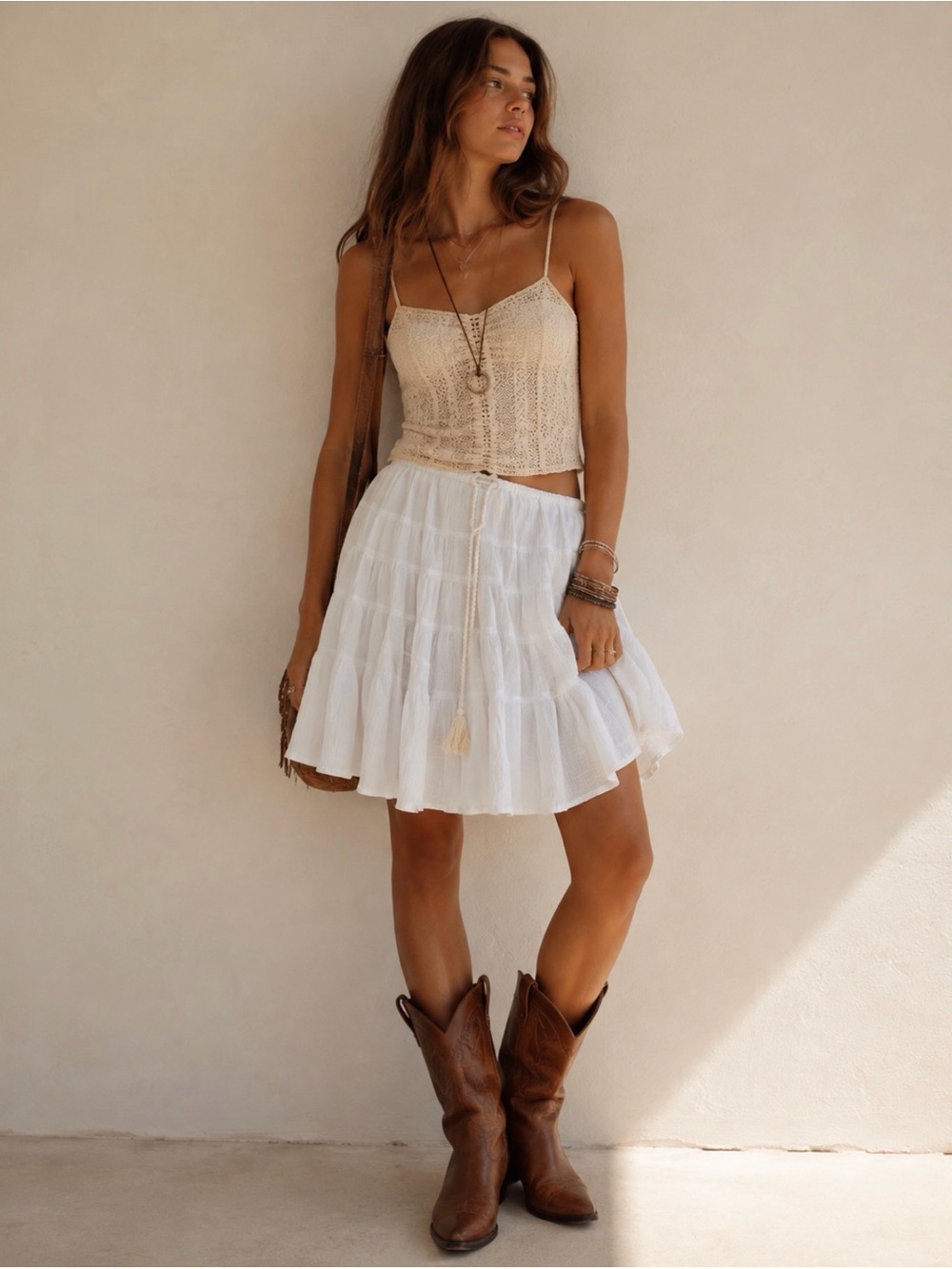 White Cotton Tiered A-Line  Skirt
Size S
Drawstring wi/ adjustable waist